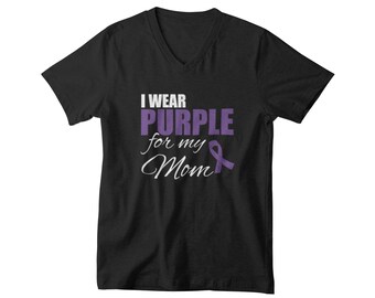 Men's V-neck  I Wear Purple For My Mom T Shirt, Purple Ribbon T-Shirt, Epilepsy, Pancreatic Cancer, Mental Health Awareness Support