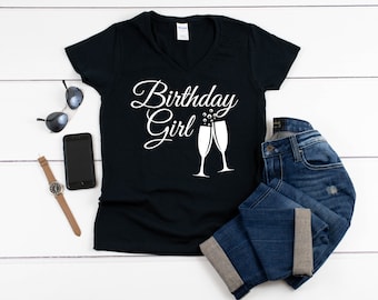 Womens V-neck - Birthday Girl #3 T Shirt, Champagne Glass, Party Tee, Gift Idea for Her, Bday Squad, Birthday Queen