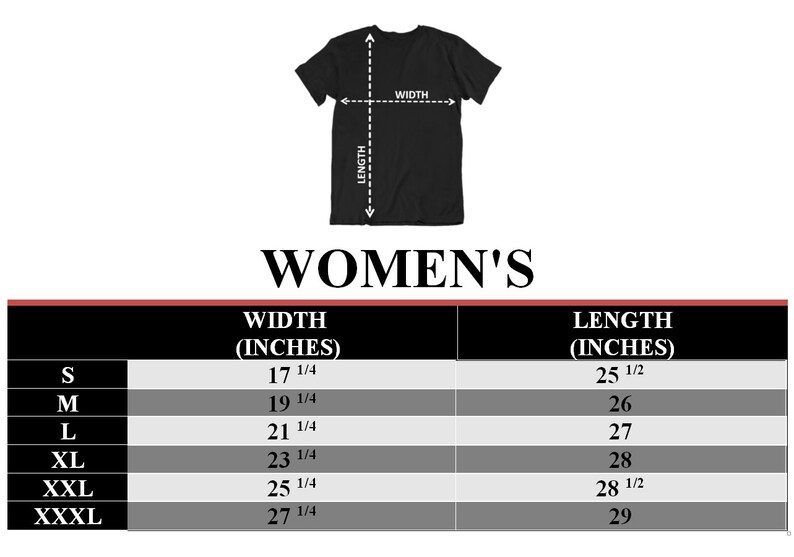 Puede incluir: Camiseta negra con una tabla de tallas para mujer. La tabla muestra las medidas de ancho y largo en pulgadas para las tallas S a XXXL. El ancho var&iacute;a de 43,8 cm a 69,2 cm y el largo de 64,8 cm a 73,7 cm.