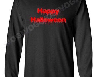 Mens Happy Halloween Long Sleeve Tee, Scary Funny Costume Shirt, Spooky Horror Top, Black Crewneck Cotton, Fall Party Outfit