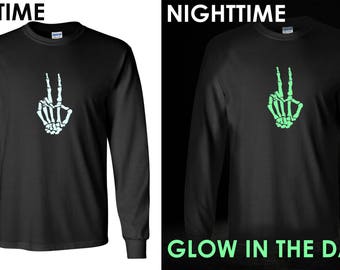 Long Sleeve - Skeleton Hand T Shirt, GLOW in The Dark, Halloween, Peace Shirt, Peace Sign Shirt, Hippie Shirt, Peace Sign, Love Shirt