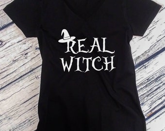 Ladies V-Neck, Real Witch Shirt, Halloween T-Shirt, Broom Tee, Funny Gift, Hocus Pocus Tee, Fall Tee, Witch Costume Shirt, Halloween Party