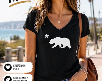 California Bear V Neck Shirt, Cali Republic Tee, Minimalist Bear Shirt, California Pride Top