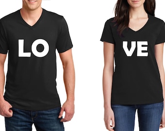 V-neck - LOVE Couple Shirts, Funny Matching T-Shirts, Valentine's Day Gift, Anniversary Tees, Soul Mate, Heart Hand Set