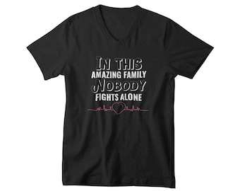 Mens V-neck - In This Amazing Family Nobody Fights Alone Shirt, Cancer Ribbon, Breast Cancer Shirt, Cancer Fighter T-Shirt, Cancer Awareness