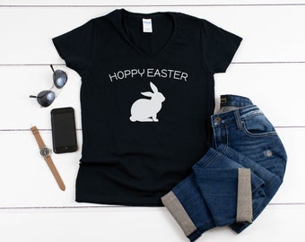 Women's V-neck - Hoppy Easter T Shirt, Happy Easter, Easter Sunday Tee, Easter Bunny T-Shirt, Holiday Outfit, Christian