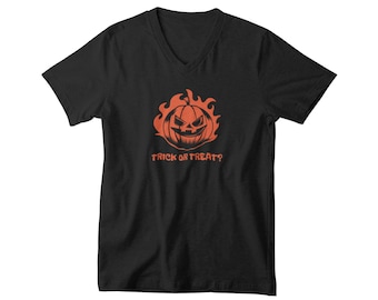 Trick Or Treat #2 Shirt, Funny Halloween Tee, Mens V Neck, Spooky Top, Pumpkin Shirt, Halloween Gift For Him, Fall Shirt, Halloween Tee