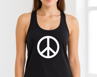 Peace Sign Tank Top, Womens Anti War Shirt, Minimalist Symbol Tee, Curved Hem Racerback, Cute Summer Outfit, Calm Vibes Gift, Meditation Top