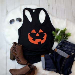 Womens Racerback, Pumpkin Face Shirt, Halloween Shirt, Jack O Lantern Tee, Trick Or Treat Shirt, Scary Pumpkin, Fall Halloween Top