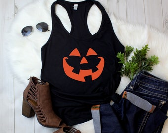 Womens Racerback, Pumpkin Face Shirt, Halloween Shirt, Jack O Lantern Tee, Trick Or Treat Shirt, Scary Pumpkin, Fall Halloween Top