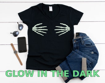 Womens V-neck, Skeleton Hands Shirt, Glow In The Dark Tee, Halloween Costume, Bones Shirt, Spooky Skeleton Top, Black Cotton Vneck