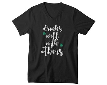 Men's V-neck - Drinks Well With Others T Shirt, St Patrick's Day Tee, Irish Shamrock, Saint Patricks Day T-Shirt, Drinking Team