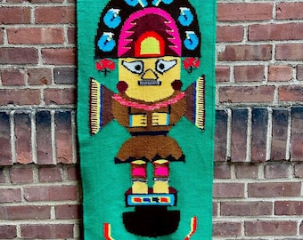 Vintage Peruvian Wool Wall Hanging – Woven Tumi Design, Bright Colors, 20”x48”