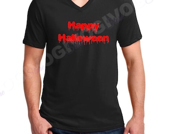 Men's V Neck Happy Halloween Shirt, Scary Funny Tee, Spooky Costume Top, Horror Gift Idea, Creepy Shirt, Party Outfit, Halloween Clothing