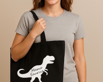 MamaSaurus Tote Bag, Dinosaur Mom Gift, Reusable Canvas Shopping Tote, Cute Mom Bag, Everyday Carry Bag, Funny Mom Gift, Multiple Colors