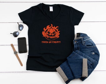 Trick Or Treat #2 Womens V Neck Shirt, Funny Halloween Top, Pumpkin Tee, Spooky Fall Shirt, Trick Or Treat Tee, Halloween Gift, Hocus Pocus