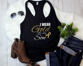 I Wear Gold for My Son Tank Top, Childhood Cancer Awareness Shirt for Women, Pediatric Survivor Gift, Gold Ribbon Tee, September Awareness