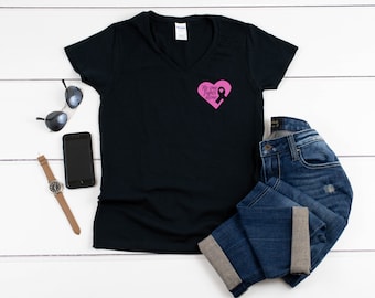 No One Fights Alone Shirt, Pink Ribbon Tee, Breast Cancer Awareness Top, Womens V-Neck, Fight Cancer Tee, Survivor Support Gift, Handmade