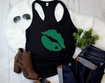 Womens Tank Top, Kiss St. Patrick's Day Shirt - Green Lips Graphic Tee, Funny Shamrock Holiday Shirt, Irish Party Shirt, St. Pat's Tee