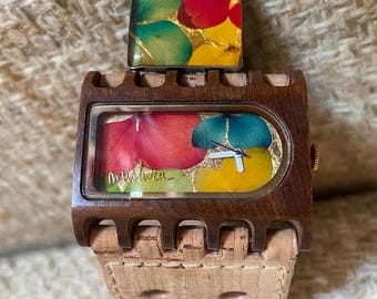 Handmade Mistura Ferro Santa Elena Watch - Teak Wood, Hydrangea Floral Dial, Eco Cork Strap & Ring Set