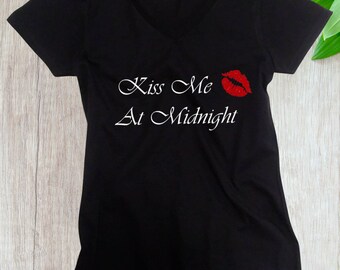 Women's V-neck - Kiss Me At Midnight Shirt, Valentines Day T-Shirt, Anniversary Gift, Valentine's Tee