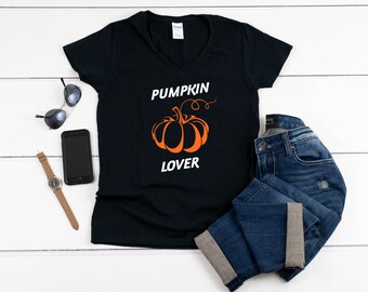 Pumpkin Lover Shirt, Women’s V-Neck Tee, Thanksgiving Shirt, Fall Outfit, Halloween Top, Pumpkin Pie Tee, Autumn Gift, Funny Fall Shirt