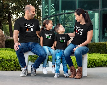 Matching T-shirts - Battery Family Shirts - Battery Level Tees - Low Mom Dad - Full Charge Daughter Son - Battery Recharge - Christmas Gift