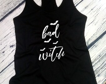 Bad Witch Womens Tank Top, Funny Halloween Shirt, Broom Tee, Easy Costume, Witch Hocus Pocus Top, Womens Spooky Graphic Tank, Halloween