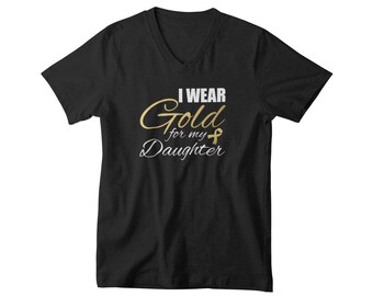 Mens V-neck - I Wear Gold For My Daughter T Shirt, Gold Ribbon T-Shirt , Childhood Cancer Awareness Month, Pediatric Cancer, Cancer Survivor