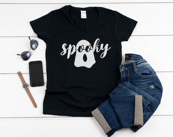 Spooky Shirt, Womens V Neck Tee, Funny Halloween Shirt, Ghost Costume Top, Scary Fall Outfit, Spooky Graphic Tee, Cute Halloween Gift