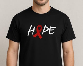 Hope Support Shirt, AIDS HIV Awareness Tee, Red Ribbon Mens Shirt, Faith Hope Cure Tee, Support Awareness Gift, Mens Classic Fit Shirt