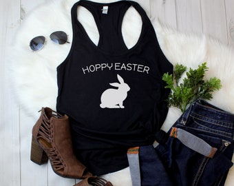 Women's Tank Top -  Hoppy Easter Shirt Women’s, Cute Bunny Shirt, Funny Easter, Spring Holiday Top, Easter Outfit, Gift for Her, Racerback