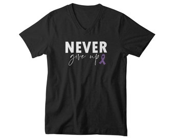 V-neck Mens - Never Give Up T Shirt, Epilepsy Awareness Shirt, Pancreatic Cancer, Cancer Survivor, Support, Cancer Sucks, Purple Ribbon