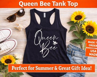 Queen Bee Tank Top, Womens Graphic Tank, Cute Bee Shirt, Summer Racerback Top, Nature Lover Gift, Honey Bee Tee, Womens Workout Tank