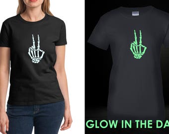 Glow in the Dark Skeleton Peace Shirt, Halloween Goth Tee, Punk Rock Style, Alternative Aesthetic, Women's Crewneck, Spooky Vibe Shirt