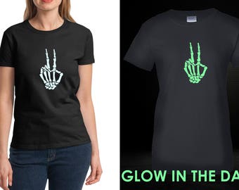 Women's Skeleton Hand T Shirt, GLOW in The Dark T-Shirt, Peace Shirt, Peace Sign Shirt, Hippie Shirt, Halloween, Love Shirt, World Peace