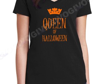 Queen Of Halloween V Neck Shirt, Funny Costume Humor Crown, Ladies Graphic, Witchy Party Wear, Pumpkin Spice Outfit, Hocus Pocus Inspired