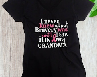 Grandma Bravery Shirt Women, V Neck Cancer Support Tee, Pink Ribbon Survivor Shirt, Breast Cancer Awareness Gift, Black T Shirt for Her