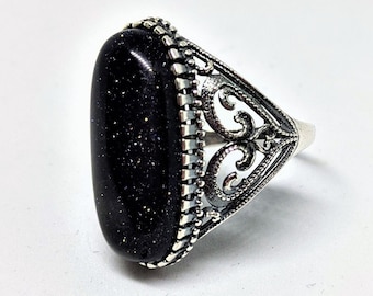 Large Sparkle Black Goldstone Silver Ring, size 8.5