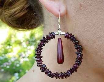 Boucles D'oreilles Anciennes - Argent Massif Et Grenat Almandin, Pendantes à Clous