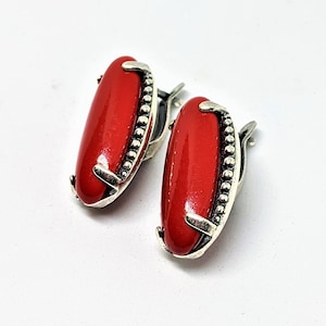 Italian Red Coral Stone Silver Dangly Earrings, Christmas Gift for Girlfriend, Mom,