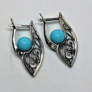 Real Turquoise Silver Filigree Dangling Earrings
