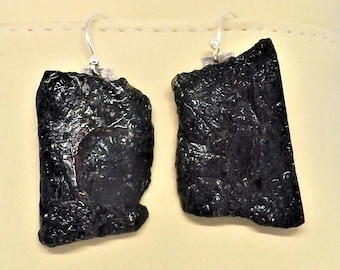 Modern raw black tourmaline boho earrings, sterling silver