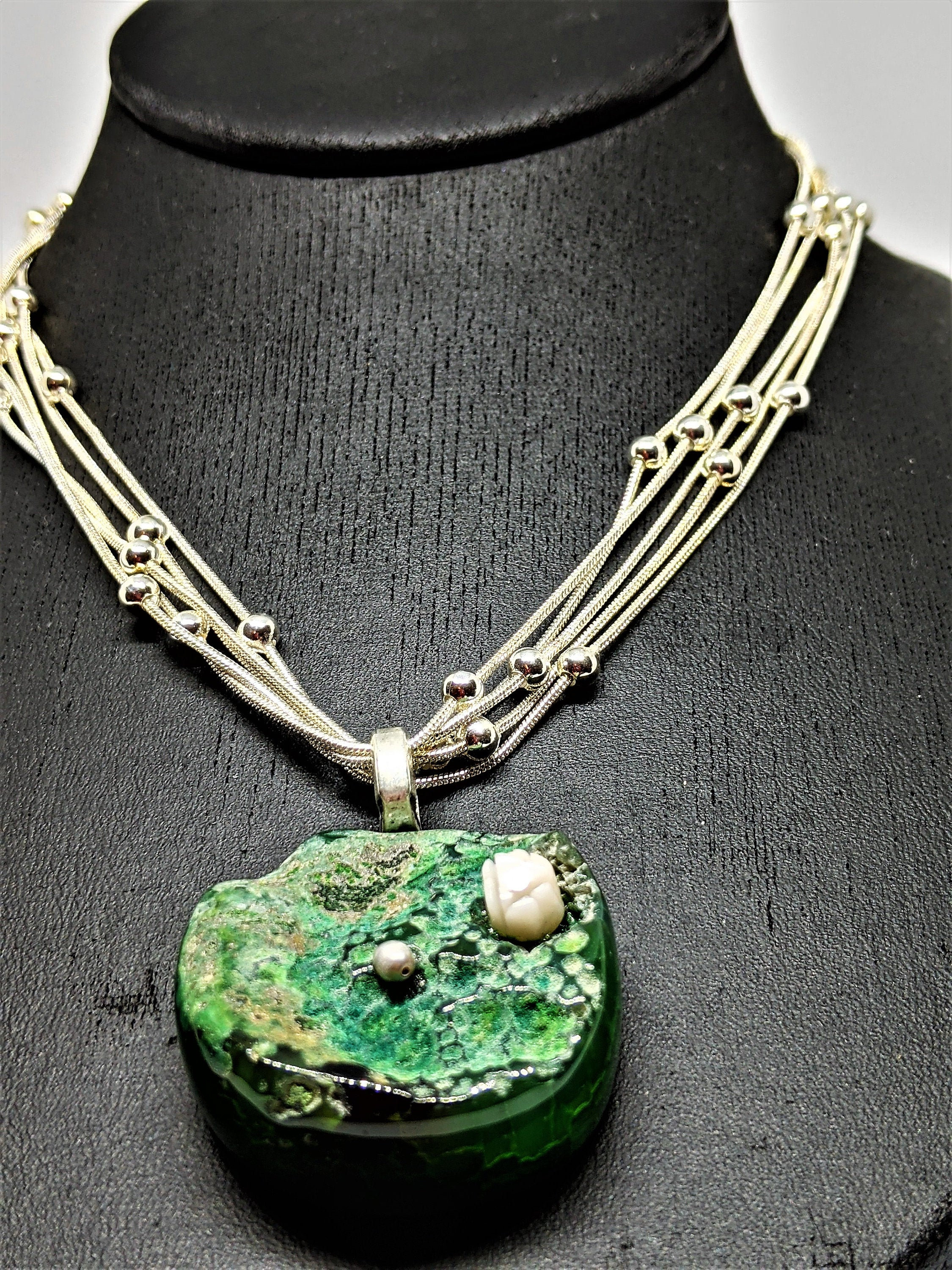 Sterling Silver Multi Chain Big Green Agate Necklace Pendant