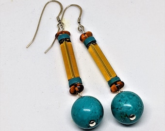 Real Turquoise and Amber Dangling Sterling Earrings, length 2.5"