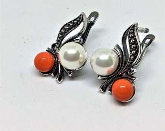 Cute Wedding Dangly Silver Earrings Mallorca Pearl Coral