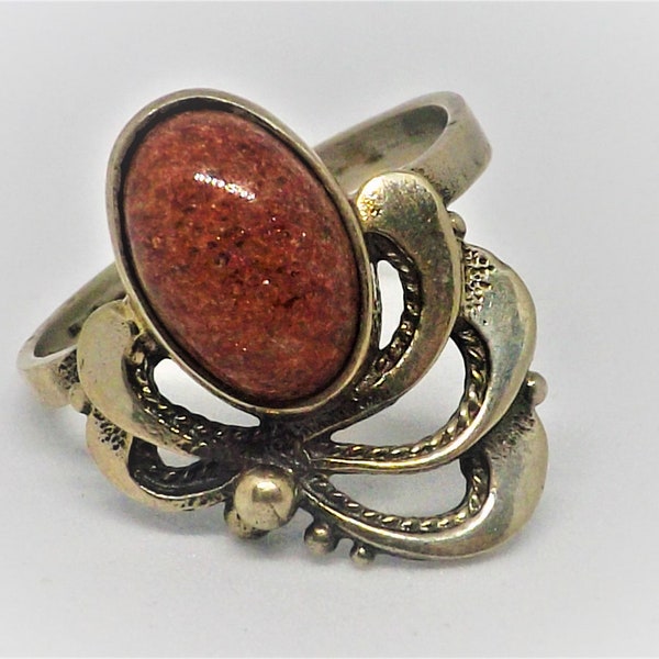 Sparkly sunstone gem silver filigree ring, size 9 3/4, Vintage