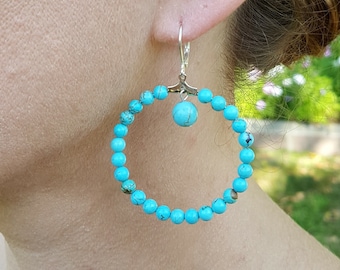 Large Hoop Earrings with Turquoise, Dangling Earrings
