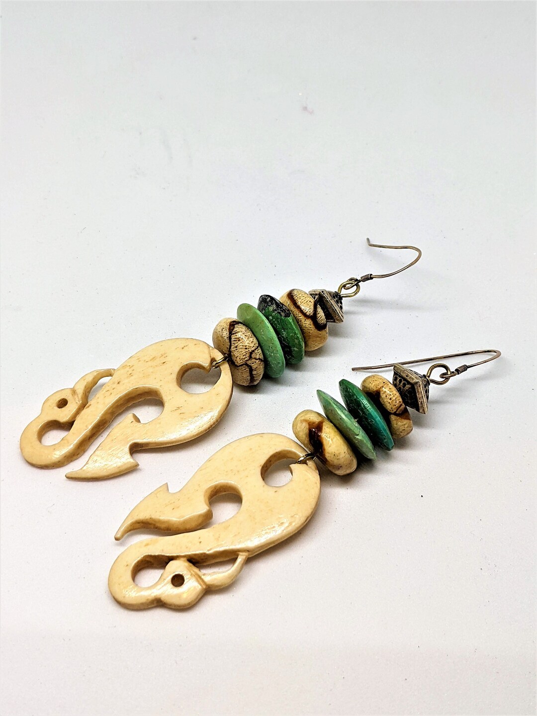 Vintage Bone Maori Ethnic Dangle Earrings, Polynesian Bone Earrings