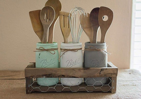 Kitchen Utensils 3 Jar Neutral Tone Centerpiece 